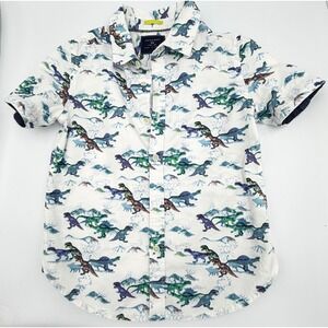 Cactus Boys Dinosaur Print Short Sleeve Button Down Shirt White Size 5/6‎ Cotton